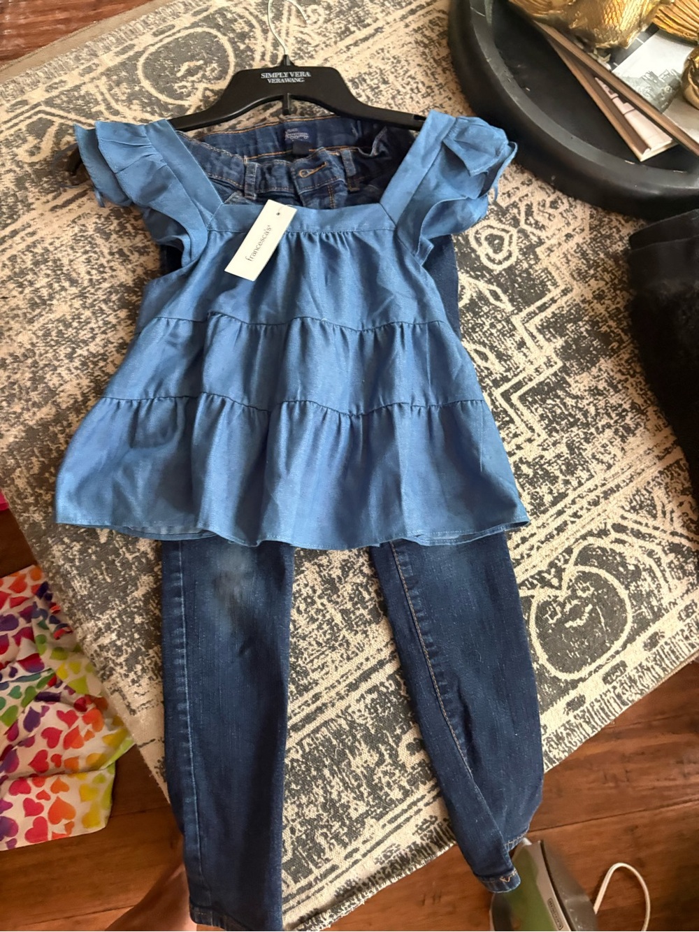 Girls Blue Chambray Ruffle Top and Jeans Set